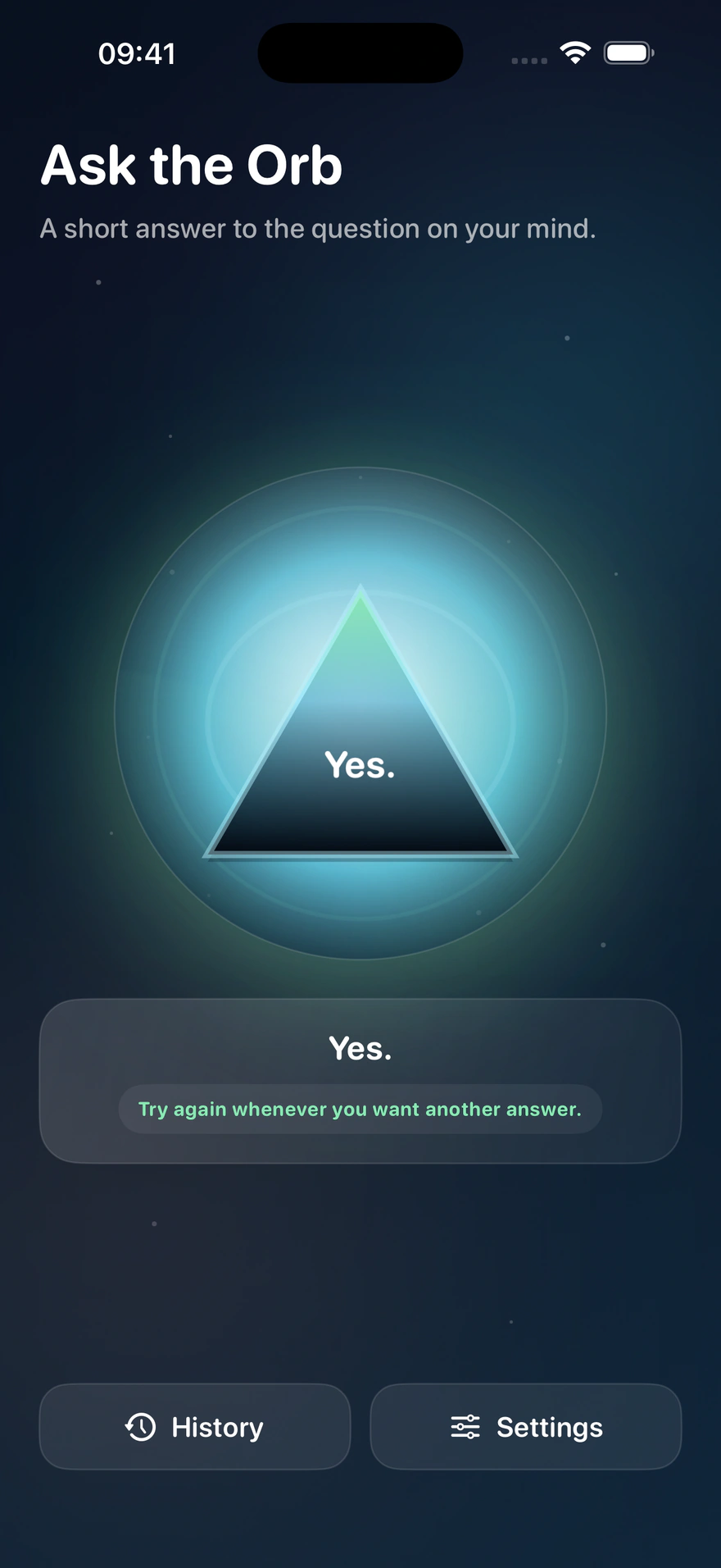 Ask the Orb showing a glowing orb with the reply Yes.
